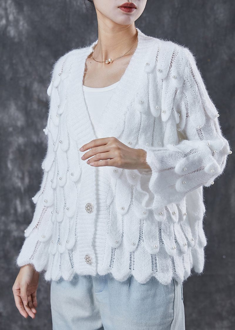 Hvid Cozy Knit Cardigan V-hals Nail Bead Spring - Dame cardigans