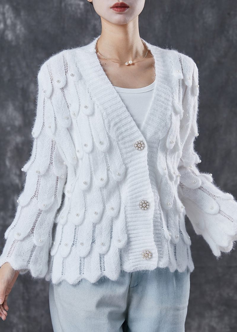 Hvid Cozy Knit Cardigan V-hals Nail Bead Spring - Dame cardigans