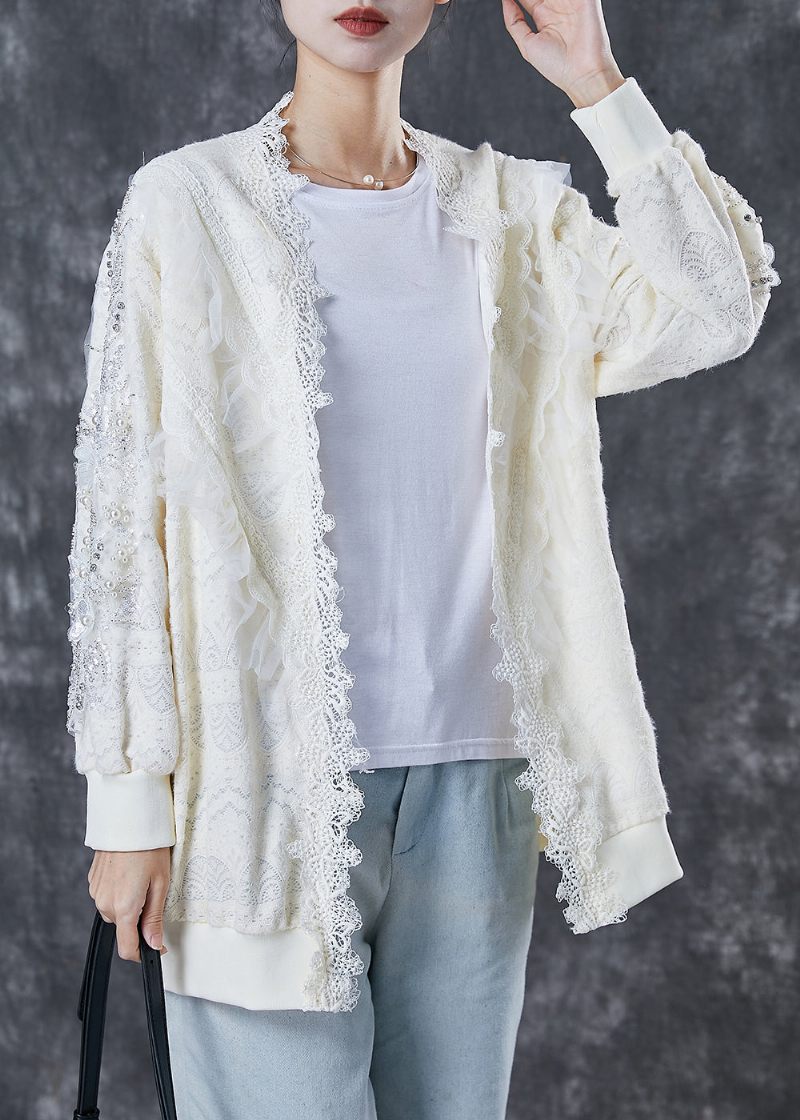 Hvid Patchwork Blonde Cardigan Oversized Nail Bead Spring - Dame cardigans