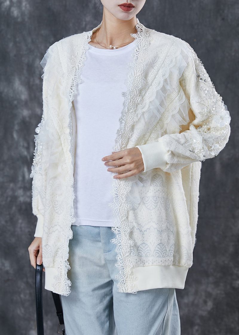 Hvid Patchwork Blonde Cardigan Oversized Nail Bead Spring - Dame cardigans