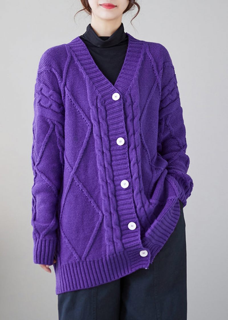 Hyggelig Lilla V-hals Knap Tyk Strik Cardigan Fall - Dame cardigans