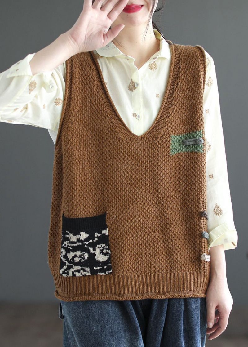 Italiensk Beige V-hals Patchwork Hyggelig Bomuldstrik Vest Ærmeløs - Dame cardigans