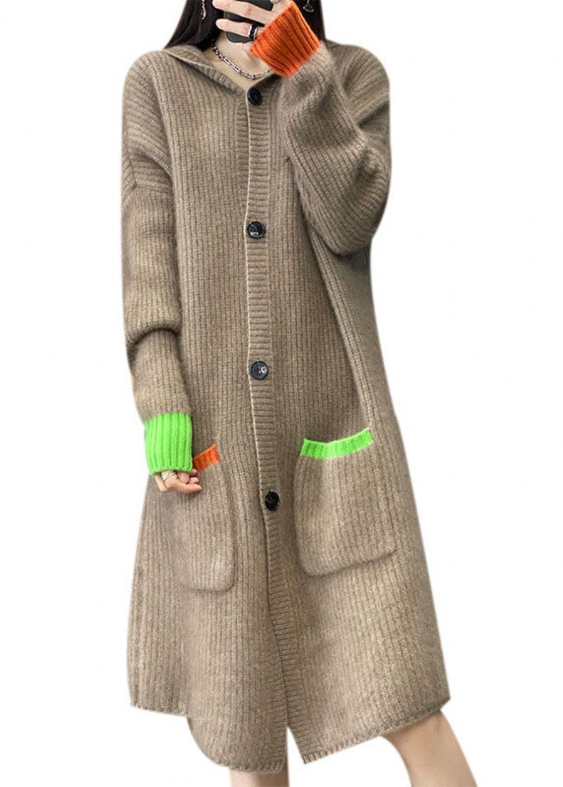 Italiensk Khaki Hooded Lommer Knap Patchwork Cashmere Coat Fall - Dame cardigans