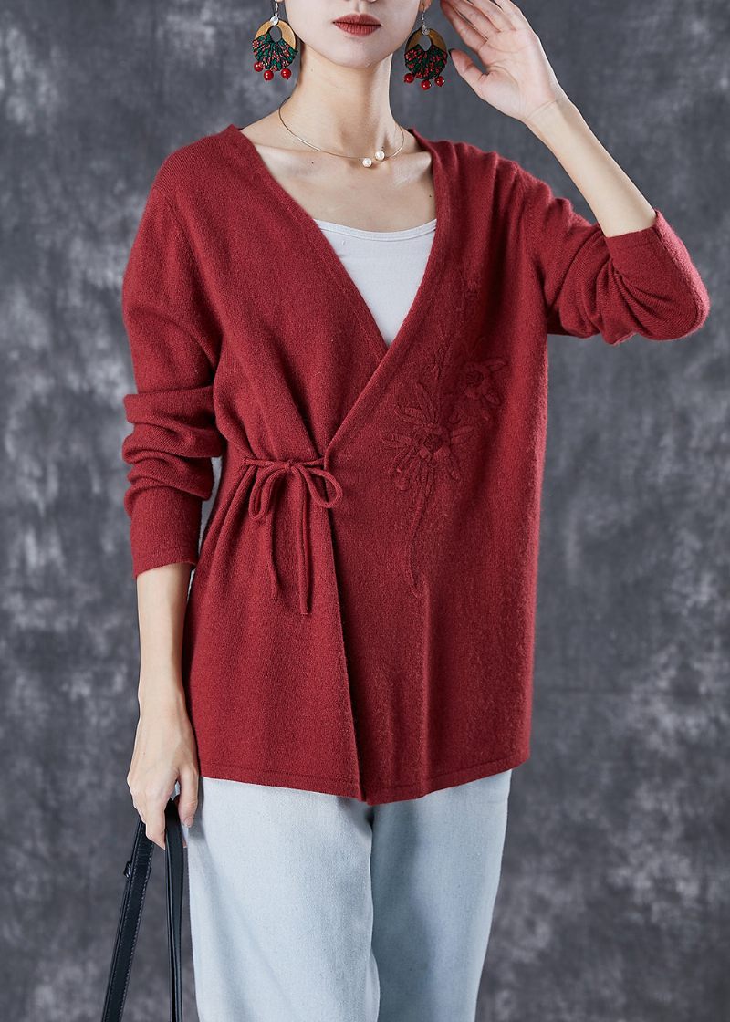 Italiensk Mulberry Broderet Tie Talje Uld Strik Cardigan Vinter - Dame cardigans