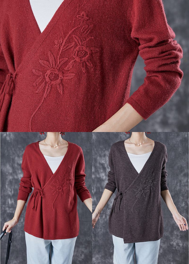 Italiensk Mulberry Broderet Tie Talje Uld Strik Cardigan Vinter - Dame cardigans