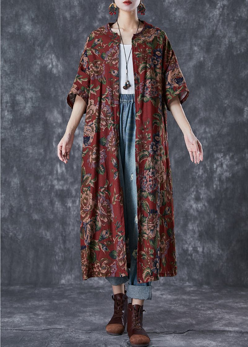 Italiensk Rød Oversized Print Bomuld Lange Cardigans Sommer