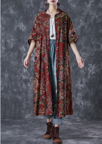 Italiensk Rød Oversized Print Bomuld Lange Cardigans Sommer