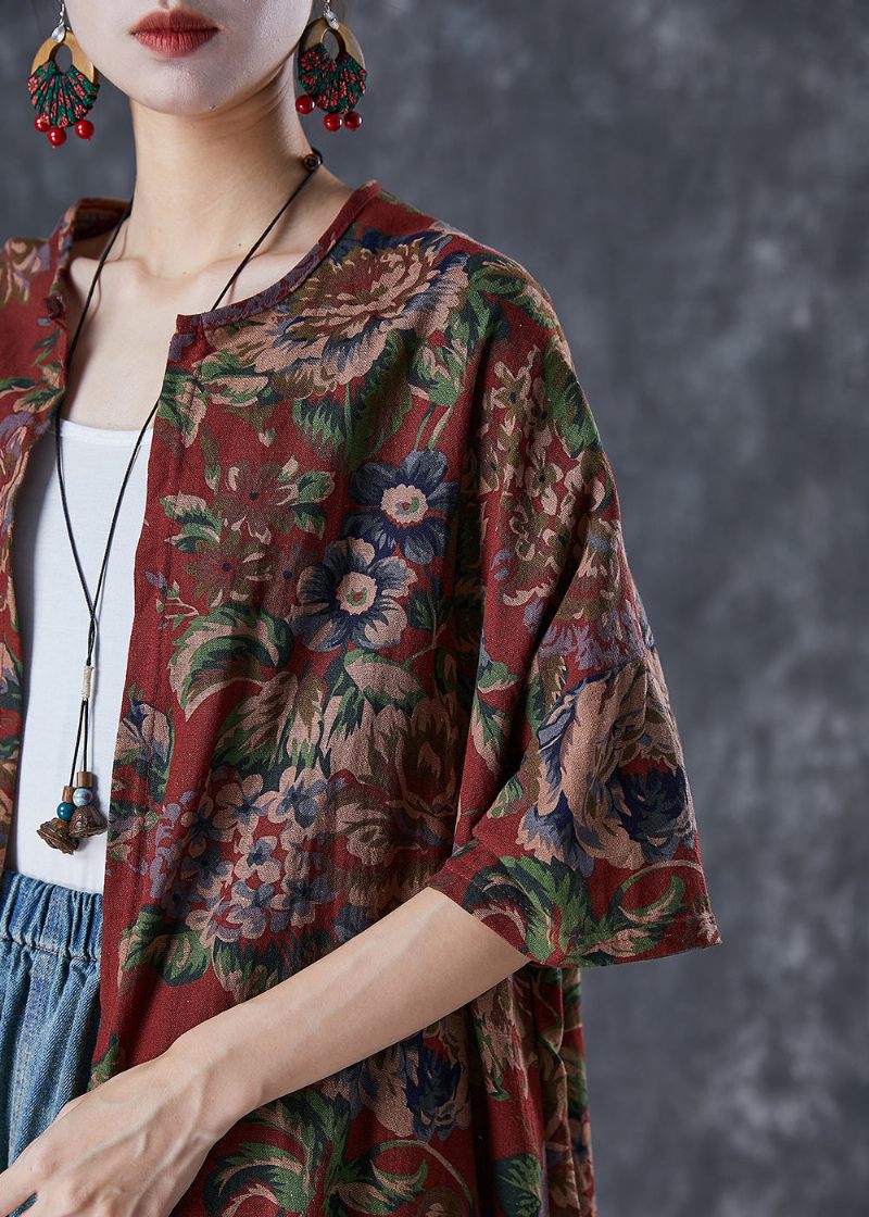 Italiensk Rød Oversized Print Bomuld Lange Cardigans Sommer - Dame cardigans