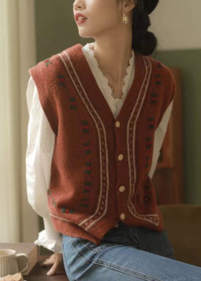 Italiensk Rød V-hals Knap Patchwork Strik Vest Ærmeløs - Dame cardigans