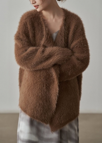 Kaffe Chunky Mink Hår Strikket Cardigan V-hals Langærmet