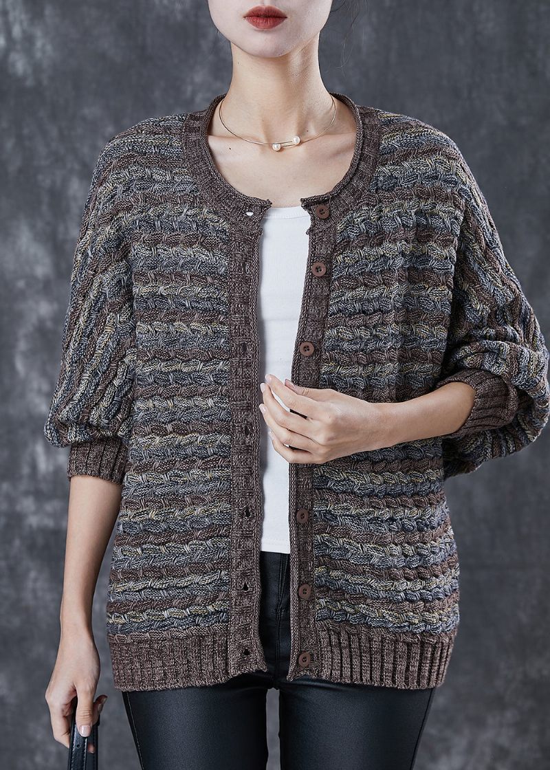 Kaffestribede Strikcardigans Oversized O-hals Fjeder - Dame cardigans