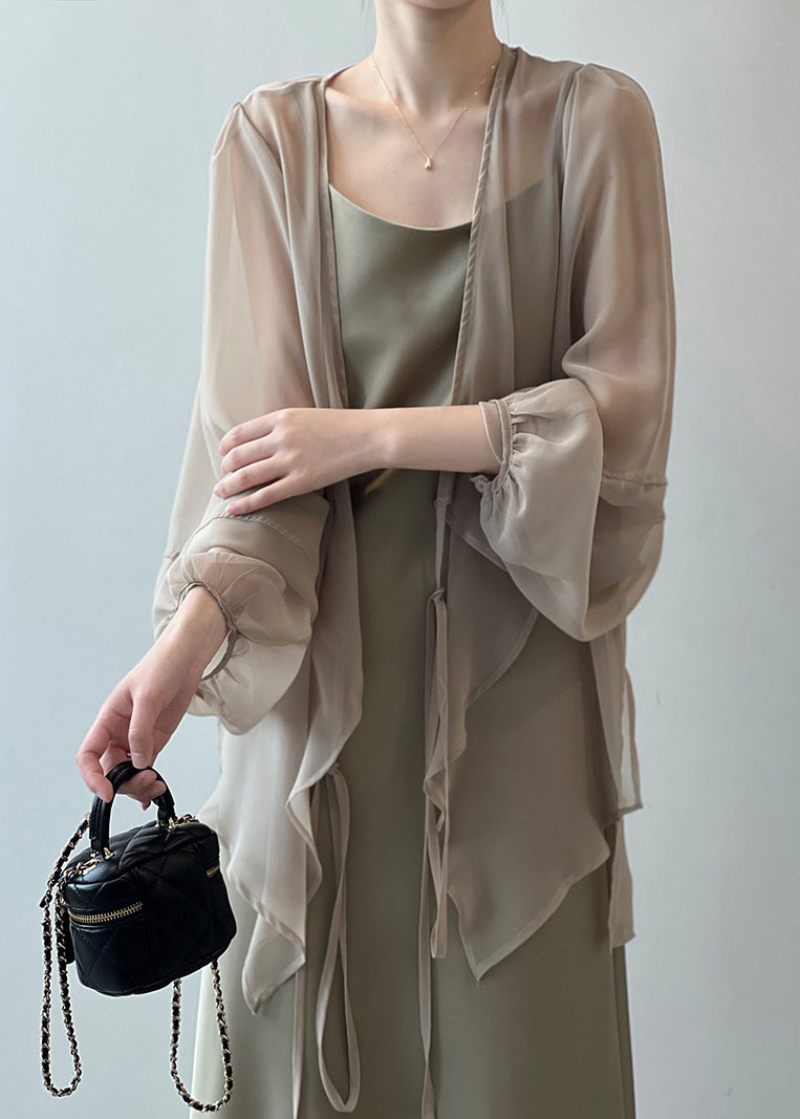 Kaki Solid Chiffon Cardigan Med Snøre På Lange Ærmer