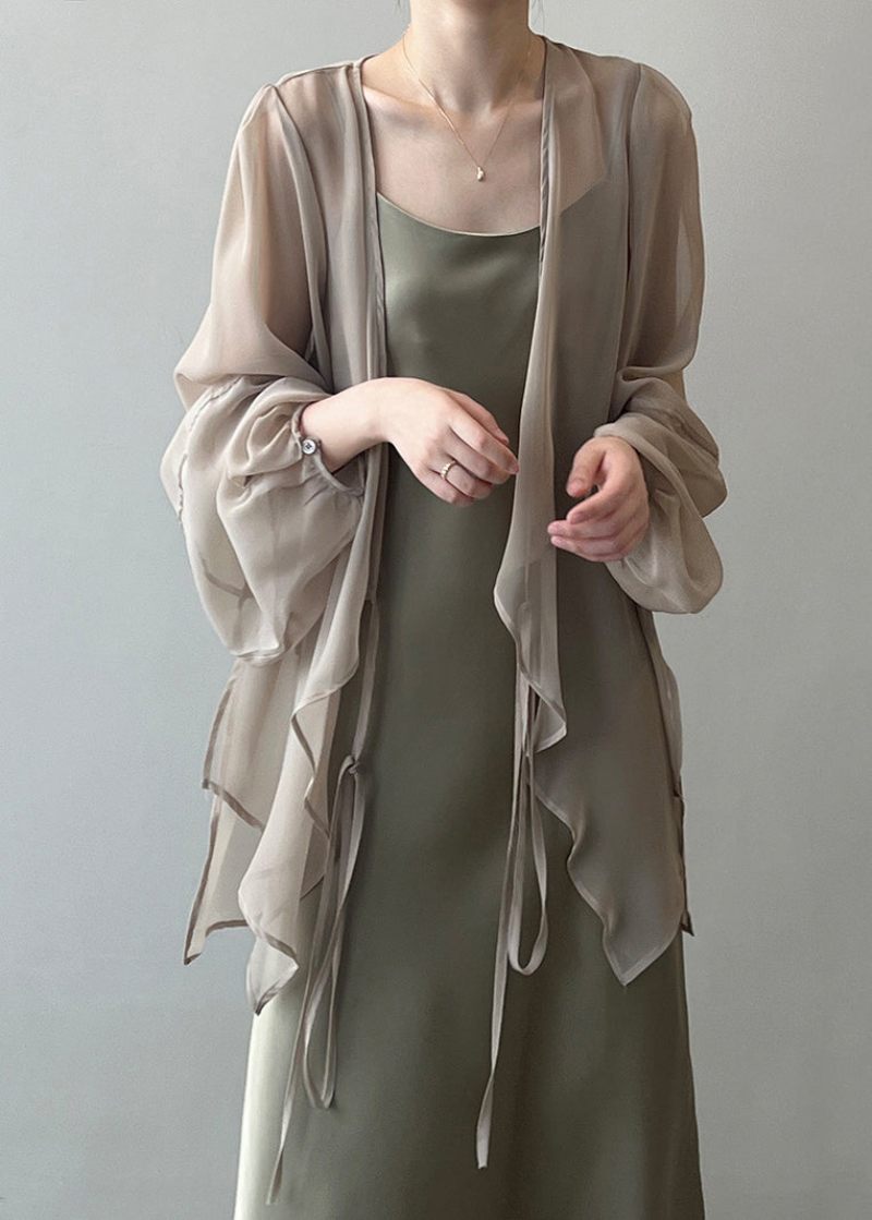 Kaki Solid Chiffon Cardigan Med Snøre På Lange Ærmer - Dame cardigans