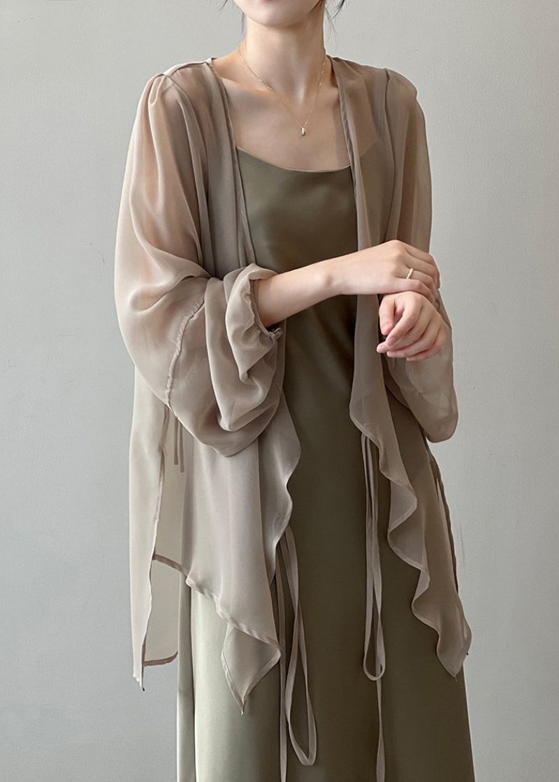 Kaki Solid Chiffon Cardigan Med Snøre På Lange Ærmer - Dame cardigans