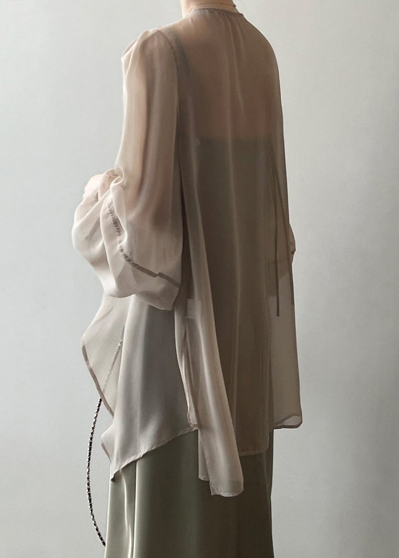 Kaki Solid Chiffon Cardigan Med Snøre På Lange Ærmer - Dame cardigans