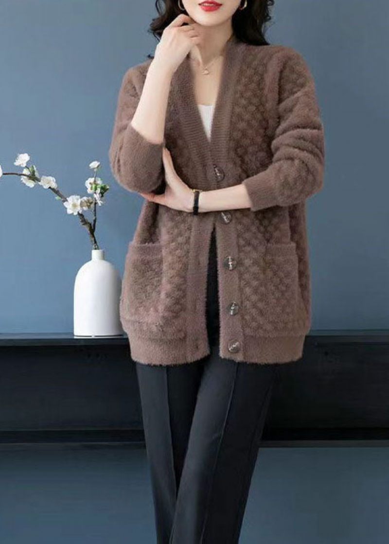 Kamellommer Patchwork Mink Hår Strikkede Frakker V Hals Knap Fall - Dame cardigans