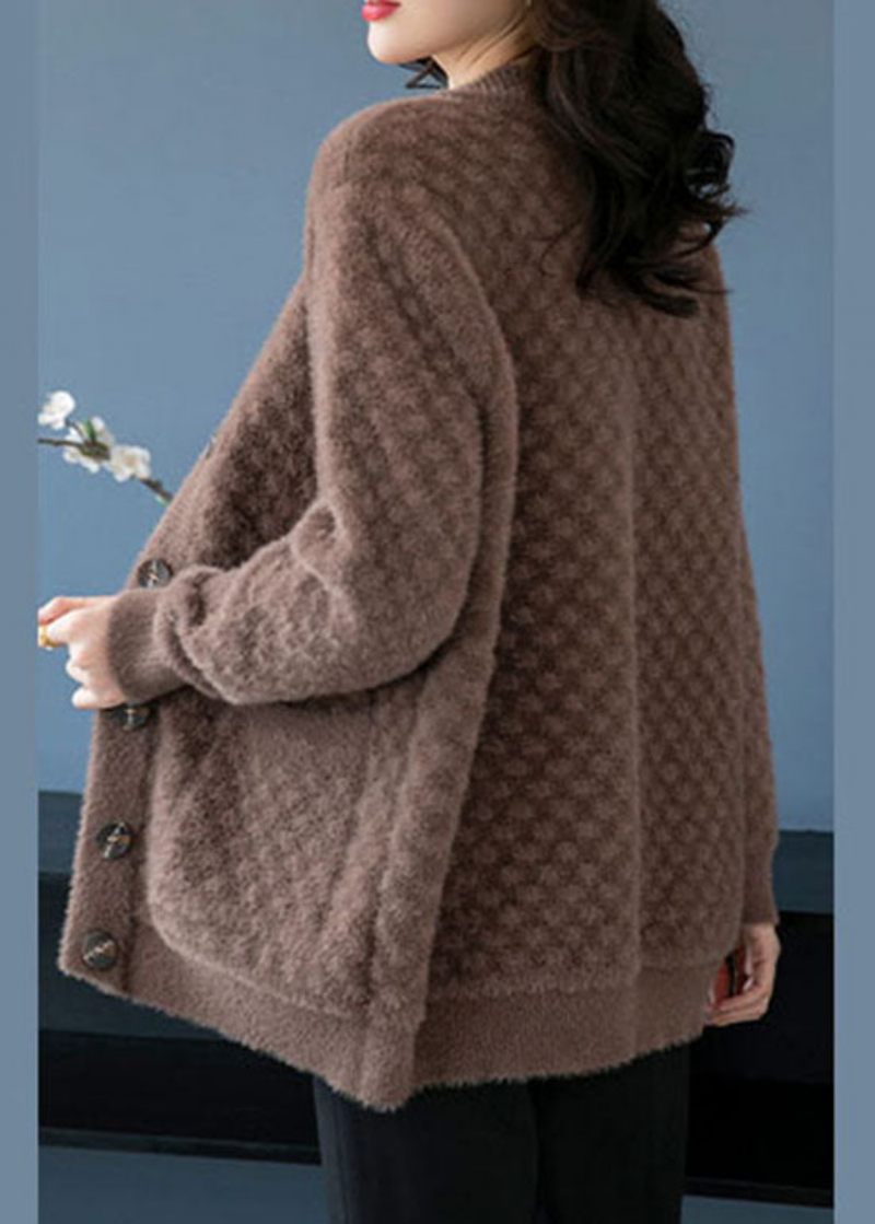 Kamellommer Patchwork Mink Hår Strikkede Frakker V Hals Knap Fall - Dame cardigans