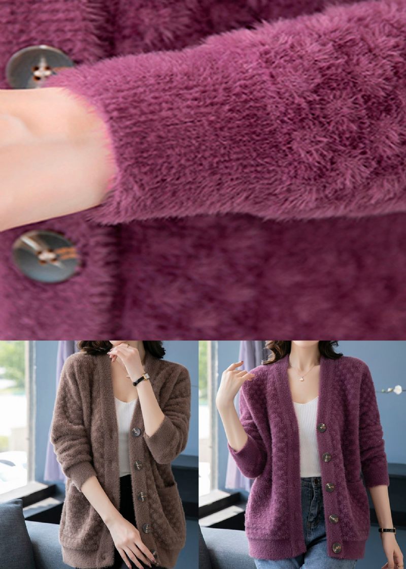 Kamellommer Patchwork Mink Hår Strikkede Frakker V Hals Knap Fall - Dame cardigans