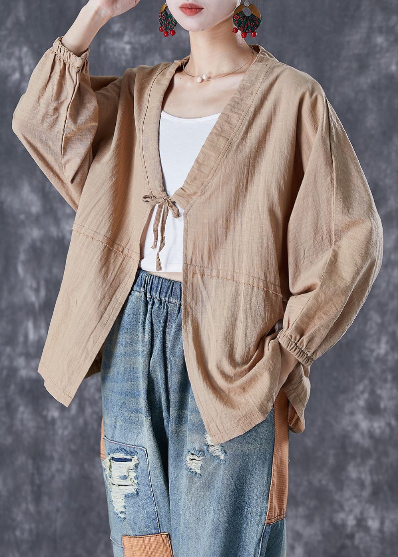 Khaki Linned Cardigan Oversized Snørebånd Efterår