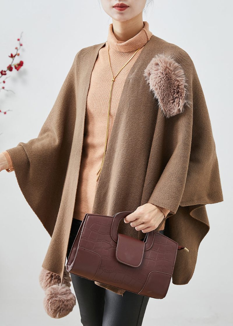 Khaki Oversized Strik Cardigan Fuzzy Ball Dekoreret Kappeærmer