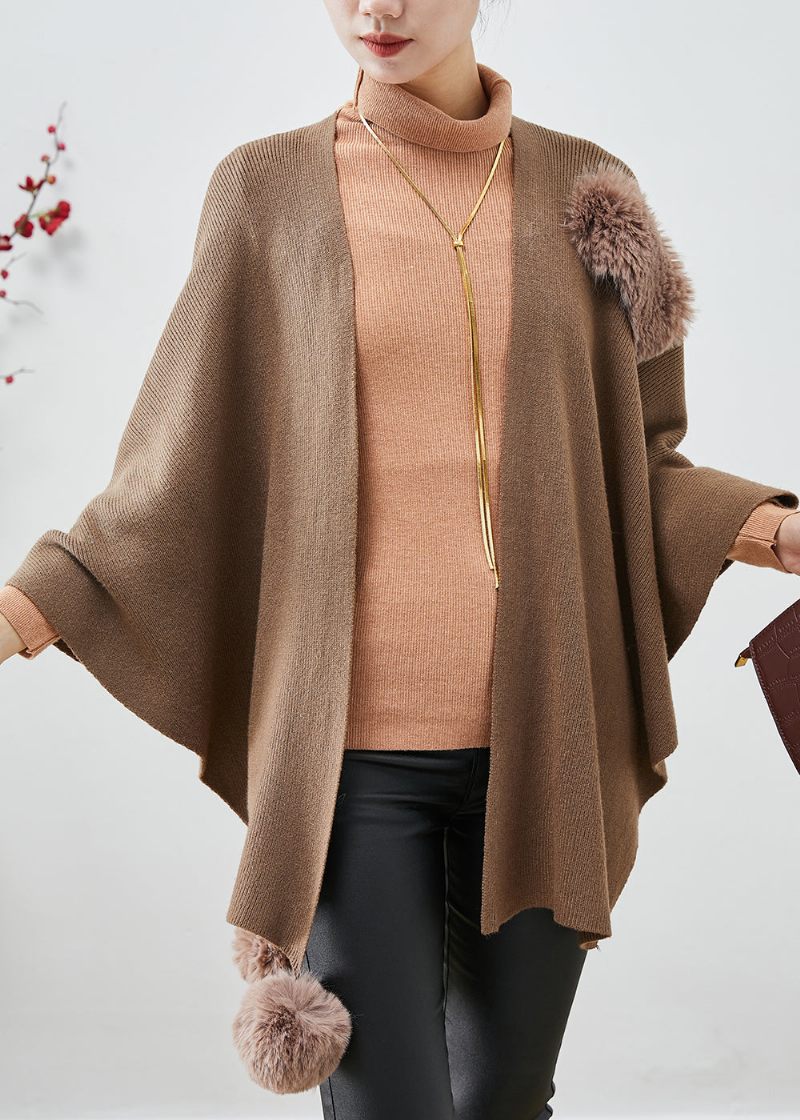 Khaki Oversized Strik Cardigan Fuzzy Ball Dekoreret Kappeærmer - Dame cardigans