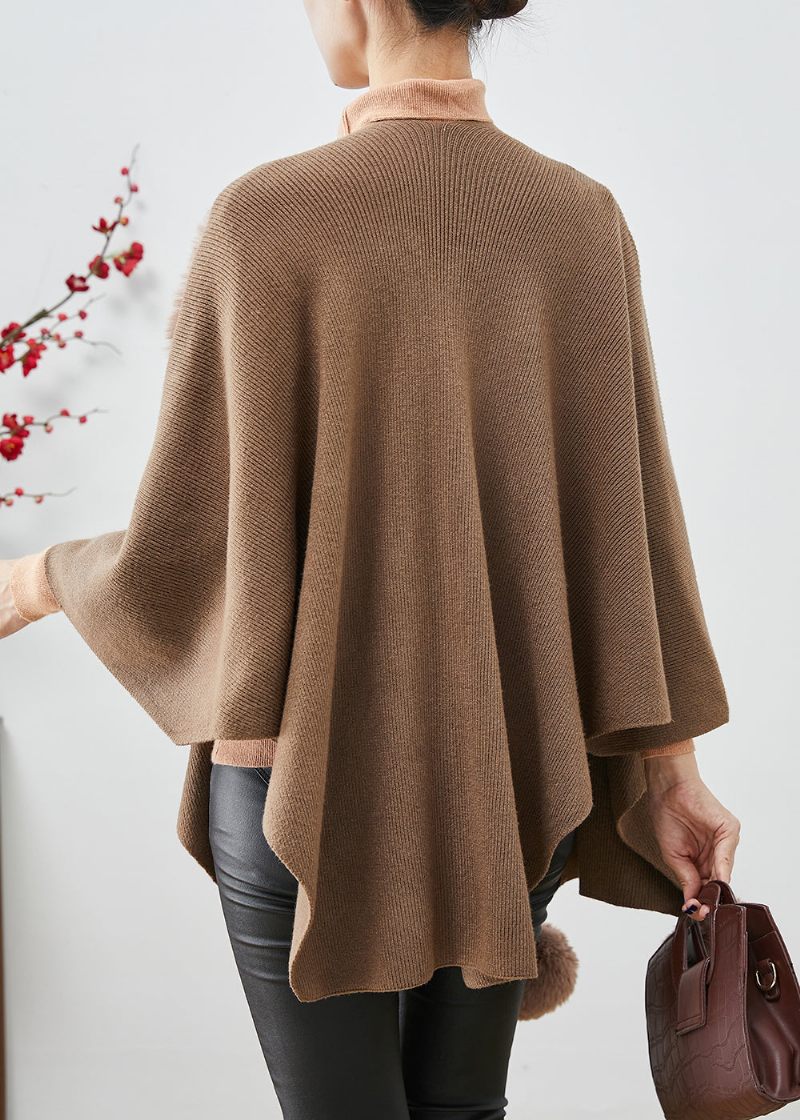 Khaki Oversized Strik Cardigan Fuzzy Ball Dekoreret Kappeærmer - Dame cardigans