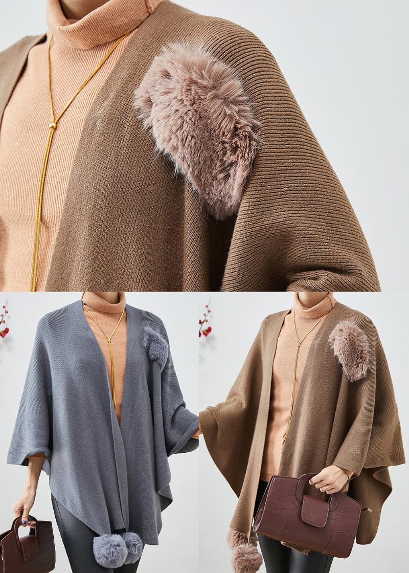 Khaki Oversized Strik Cardigan Fuzzy Ball Dekoreret Kappeærmer - Dame cardigans