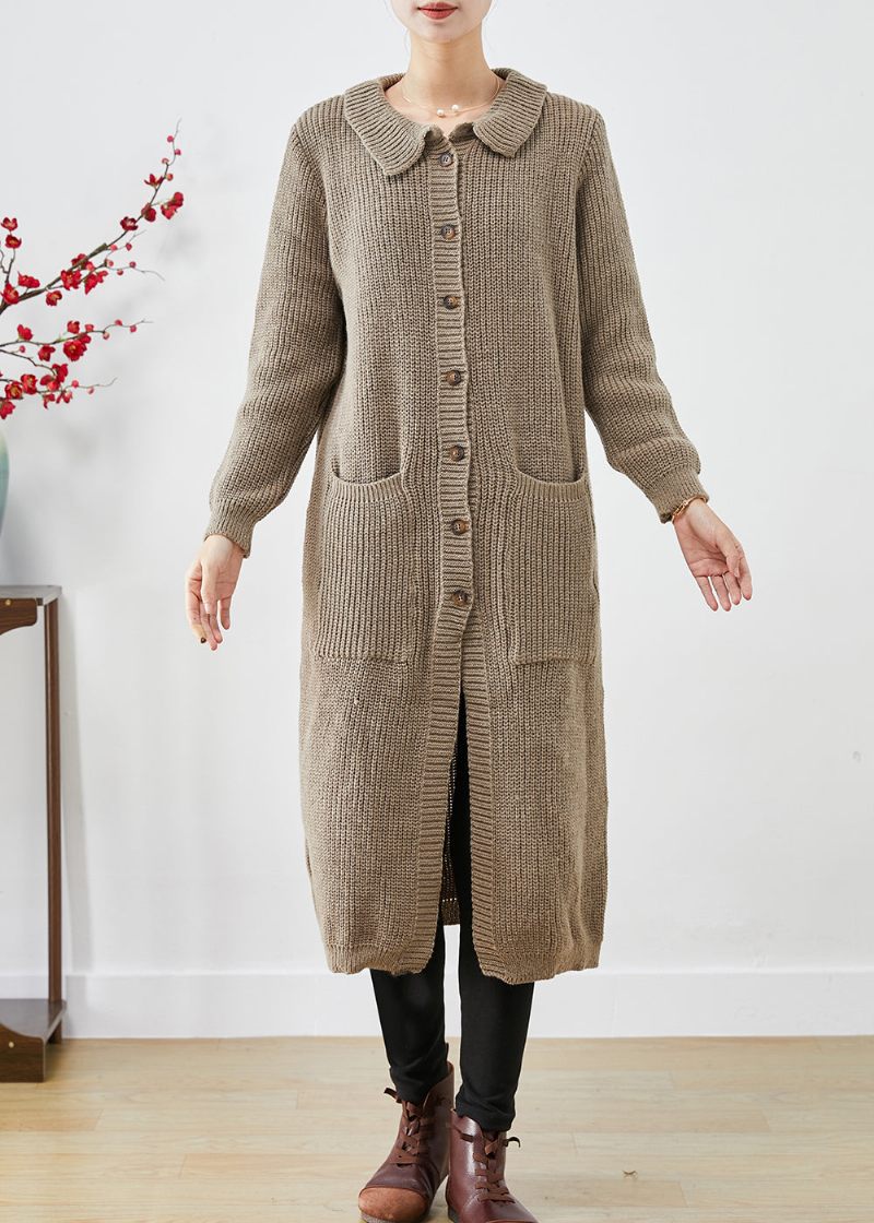 Khaki Tykke Strik Trench Coats Overdimensionerede Lommer Fall - Dame cardigans