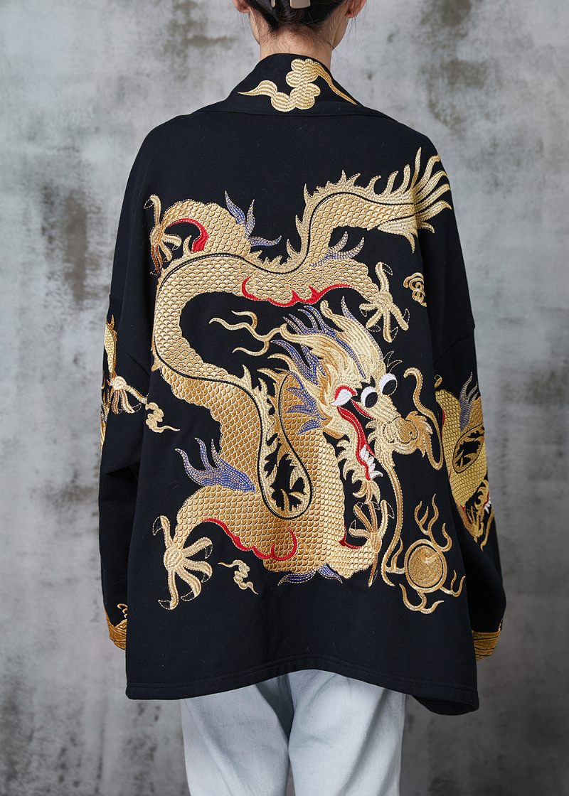 Kinesisk Stil Sort Oversized Dragon Bomuld Cardigans Forår - Dame cardigans