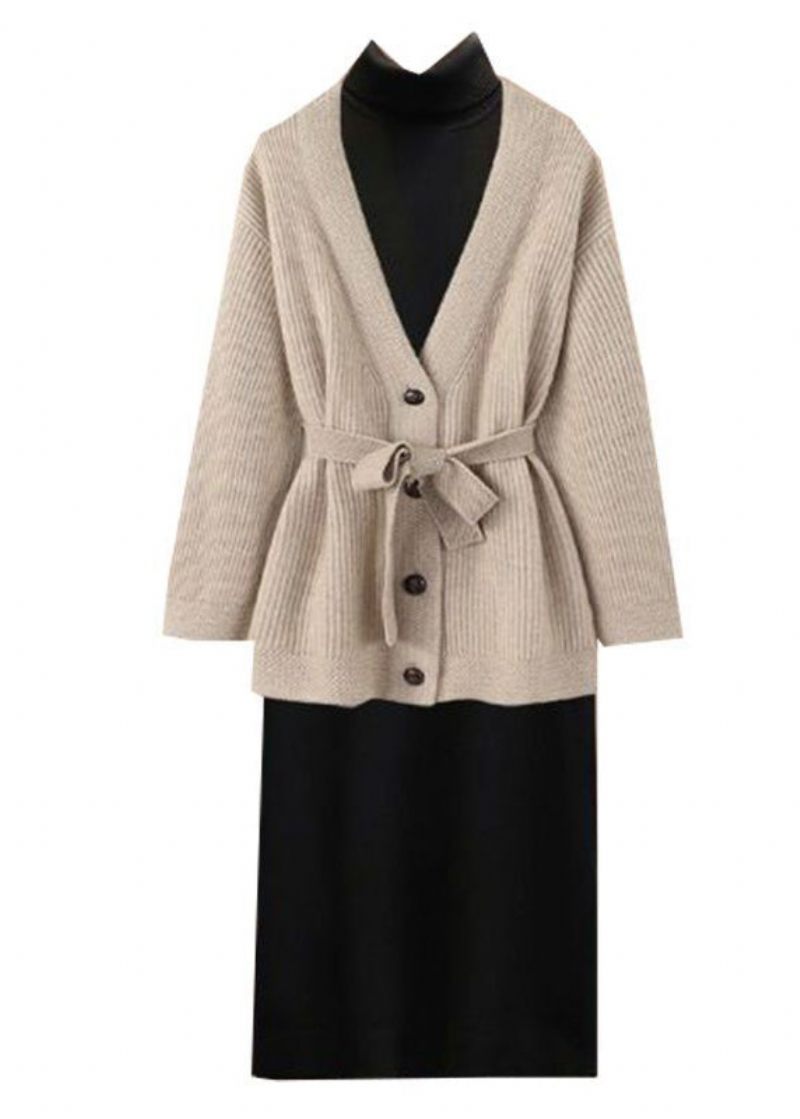 Klassisk Abrikos Oversized Tie Talje Strik Coat Fall - Dame cardigans