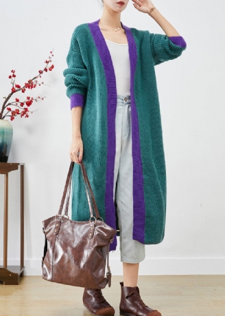 Klassisk Colorblock Oversized Patchwork Strik Lang Cardigan Fall