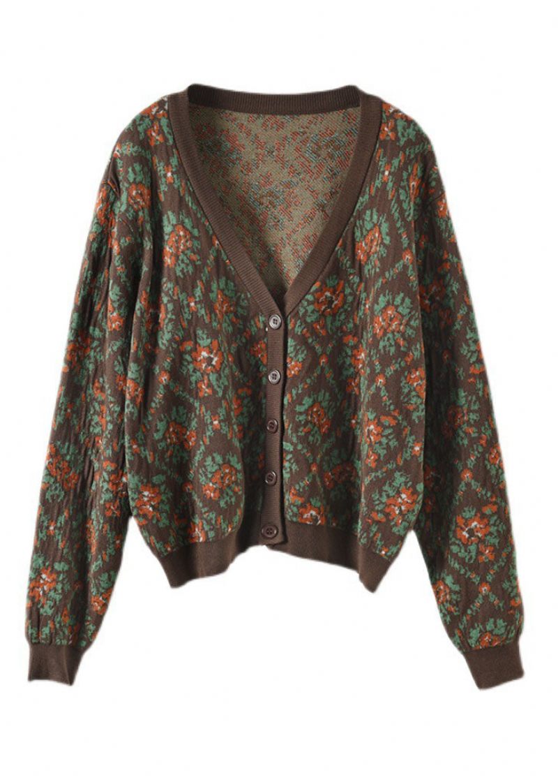 Klassisk Kaffe Oversized Print Strik Cardigan Forår - Dame cardigans