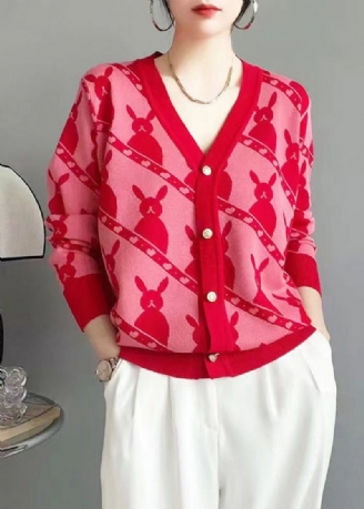 Klassisk Rose V-hals Knap Jacquard Uld Cardigan Fall