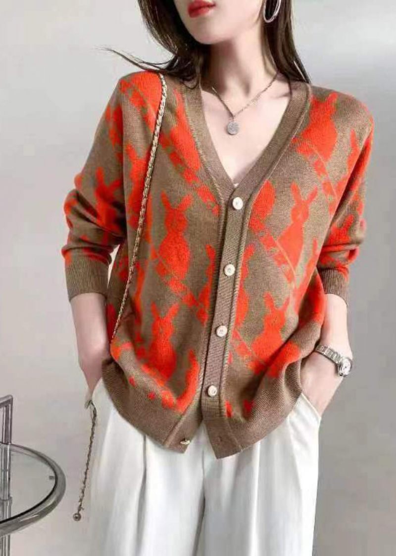 Klassisk Rose V-hals Knap Jacquard Uld Cardigan Fall - Dame cardigans