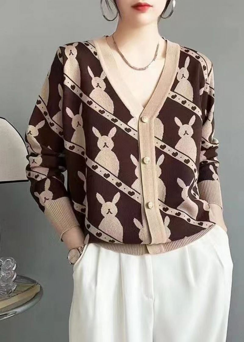 Klassisk Rose V-hals Knap Jacquard Uld Cardigan Fall - Dame cardigans