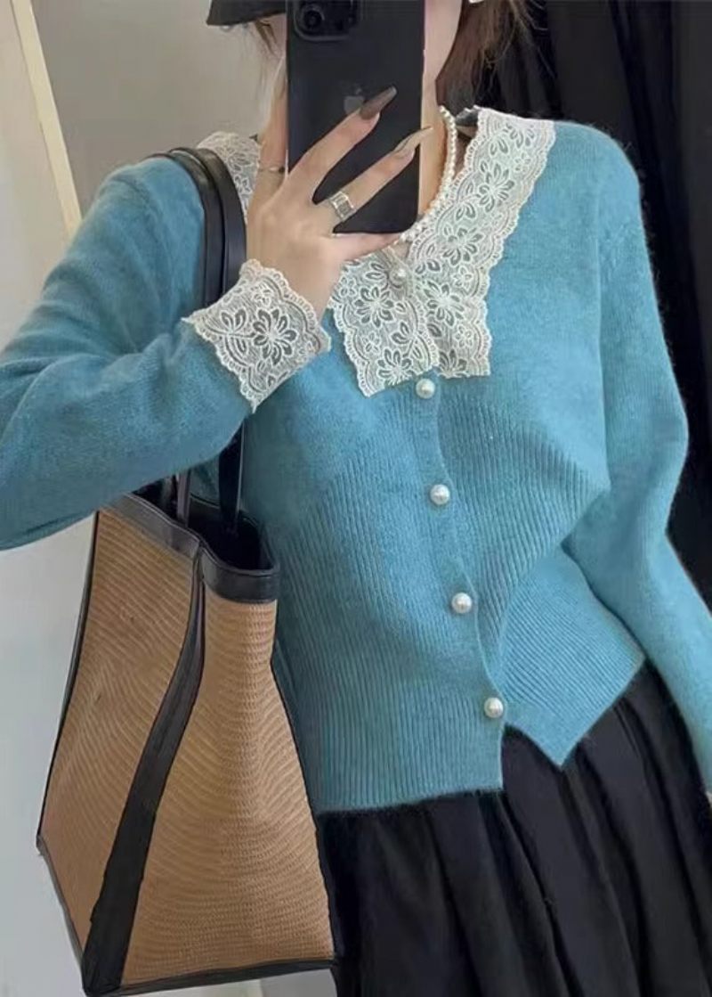 Kvinder Abrikos Button Lace Patchwork Bomuld Strik Frakker Fall - Dame cardigans