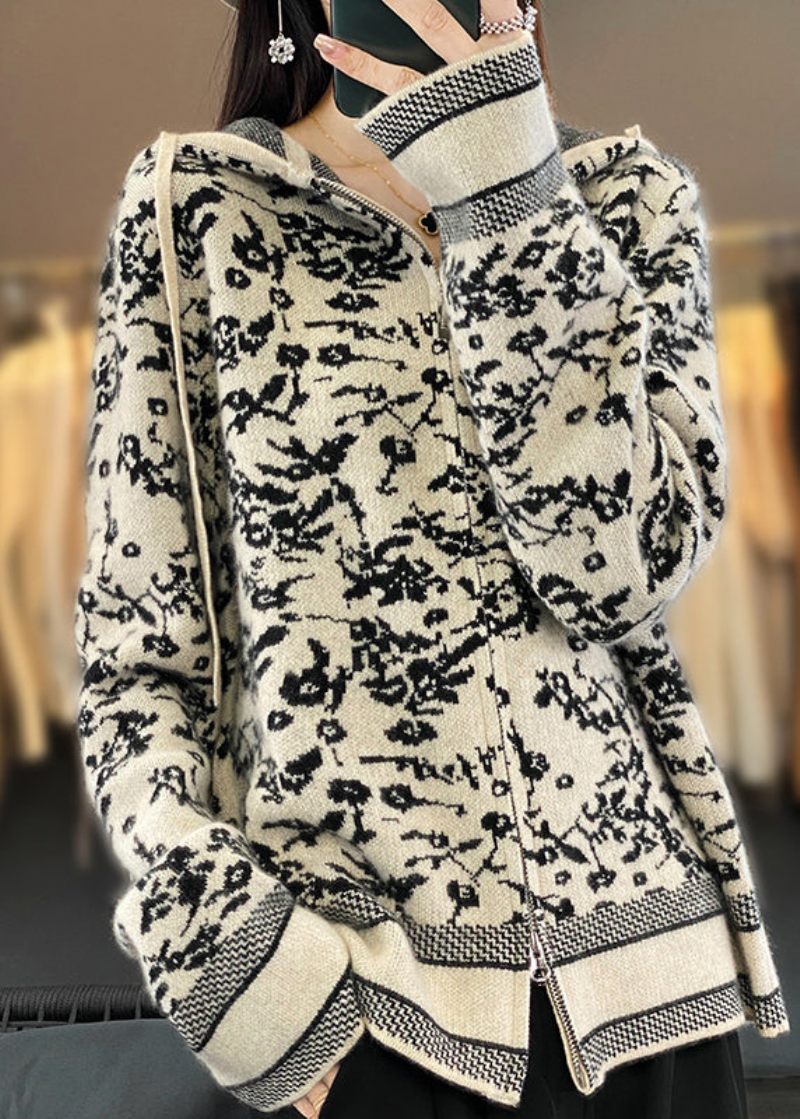 Kvinder Beige Hooded Lynlås Print Uld Strik Coat Langærmet