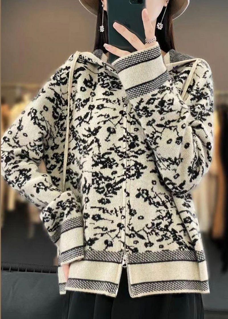 Kvinder Beige Hooded Lynlås Print Uld Strik Coat Langærmet - Dame cardigans