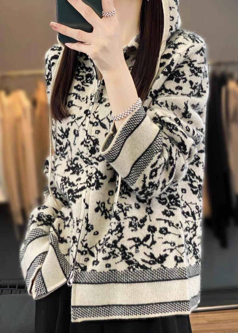 Kvinder Beige Hooded Lynlås Print Uld Strik Coat Langærmet - Dame cardigans