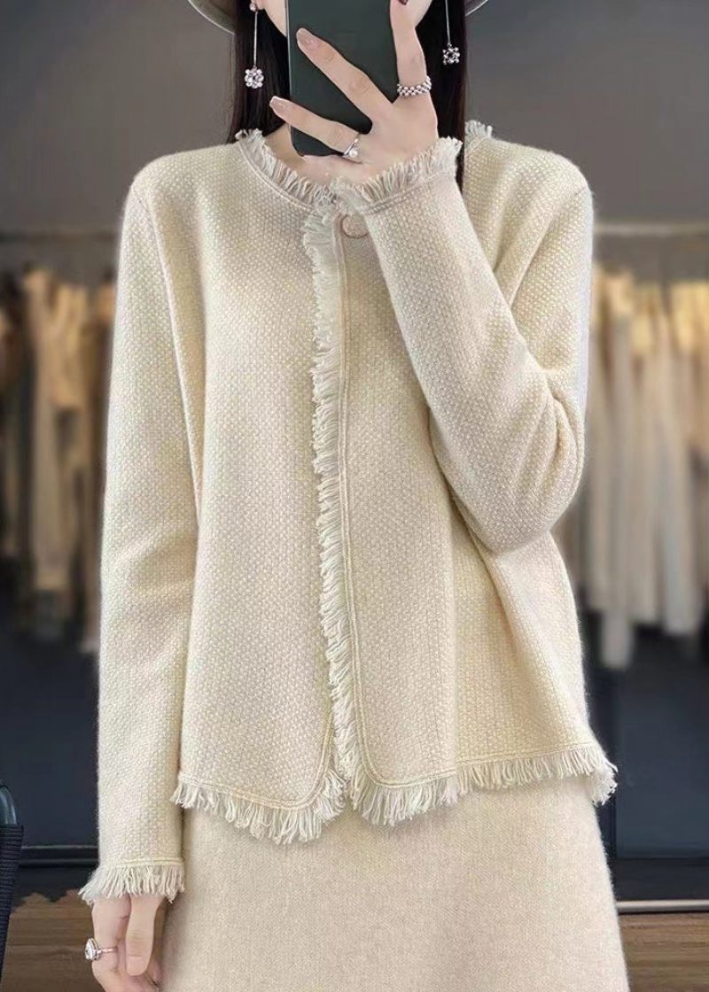 Kvinder Beige Solid Button Strik Bomuld Cardigans Spring