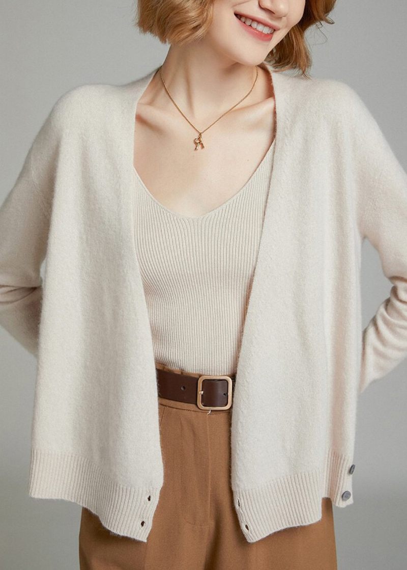 Kvinder Beige V-hals Knap Patchwork Uld Strik Cardigan Efterår - Dame cardigans