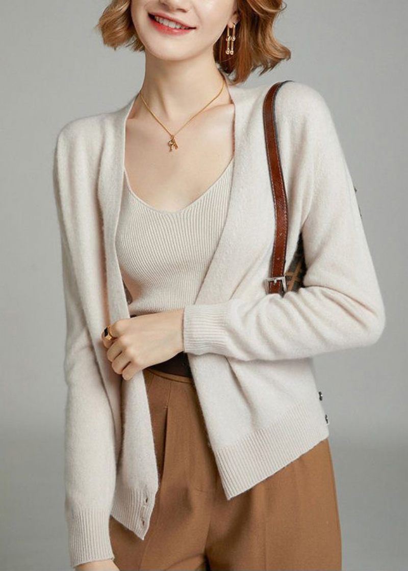 Kvinder Beige V-hals Knap Patchwork Uld Strik Cardigan Efterår - Dame cardigans