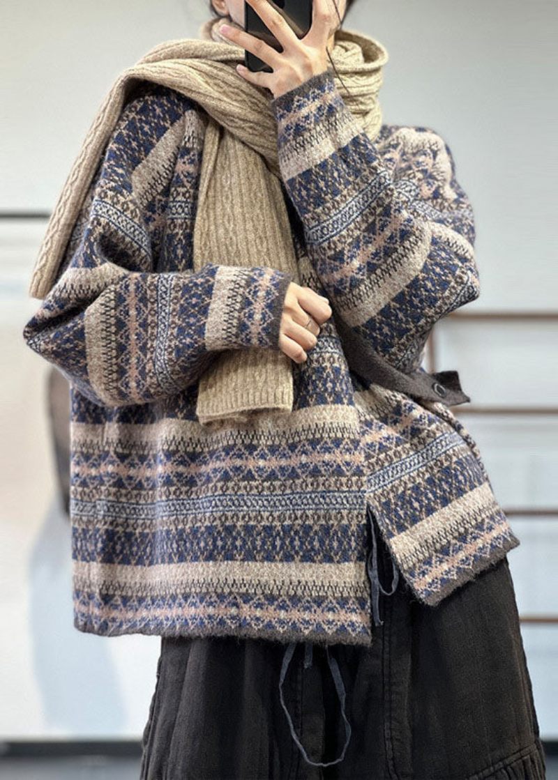 Kvinder Blå Asymmetrisk Oversized Print Uld Strik Cardigan Vinter - Dame cardigans