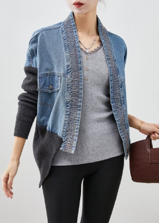 Kvinder Blå Oversized Patchwork Strik Denim Løs Frakke Fall