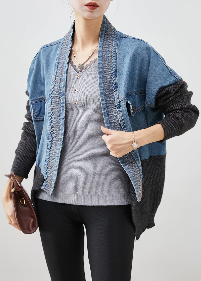 Kvinder Blå Oversized Patchwork Strik Denim Løs Frakke Fall - Dame cardigans