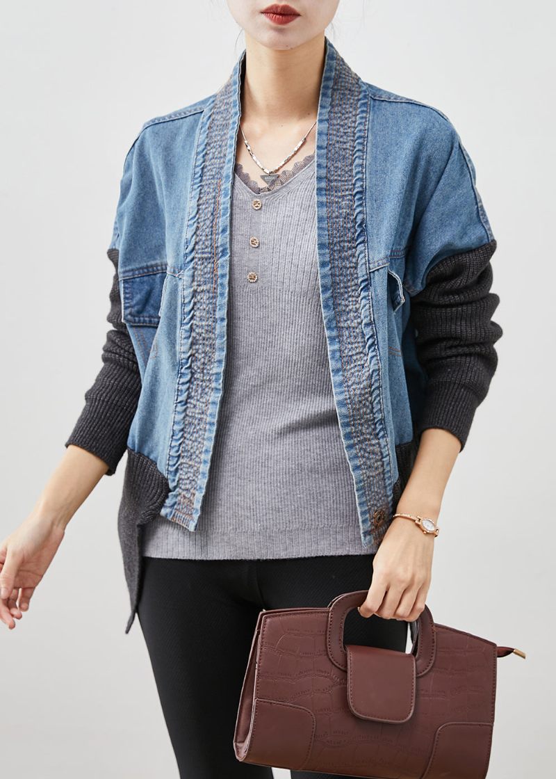 Kvinder Blå Oversized Patchwork Strik Denim Løs Frakke Fall - Dame cardigans