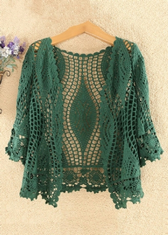 Kvinder Blackish Green Solid Hollow Out Bomuld Strik Cardigan Summer