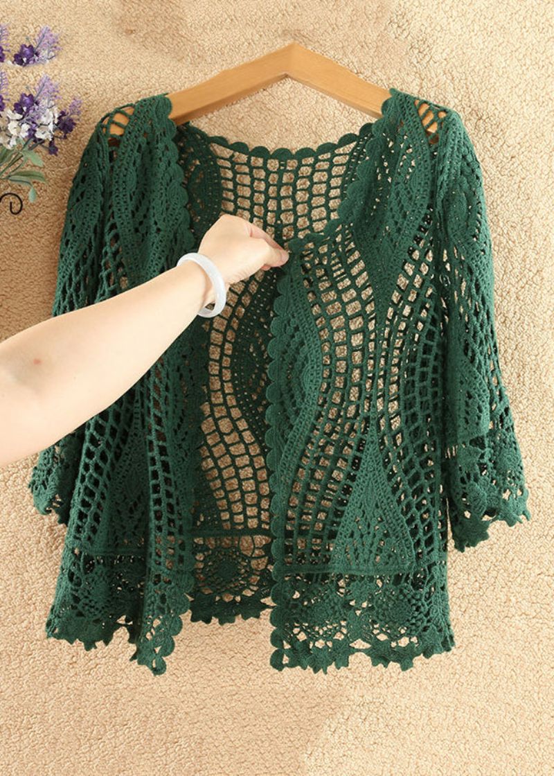 Kvinder Blackish Green Solid Hollow Out Bomuld Strik Cardigan Summer - Dame cardigans