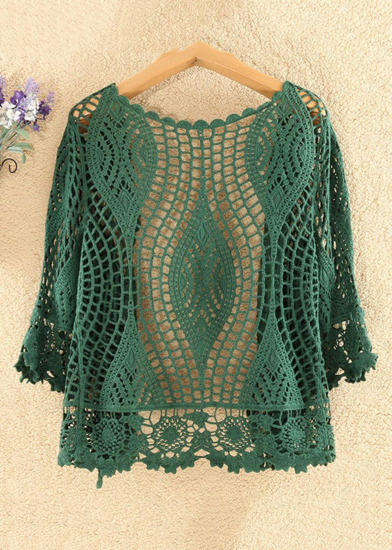 Kvinder Blackish Green Solid Hollow Out Bomuld Strik Cardigan Summer - Dame cardigans