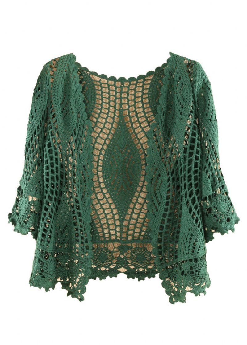 Kvinder Blackish Green Solid Hollow Out Bomuld Strik Cardigan Summer - Dame cardigans